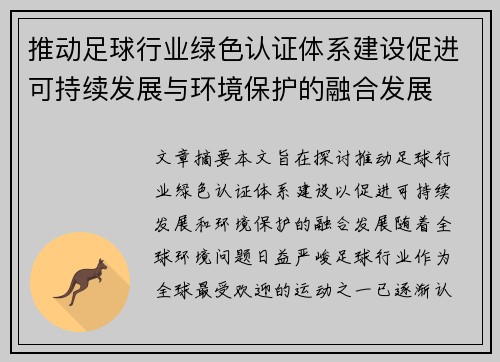 推动足球行业绿色认证体系建设促进可持续发展与环境保护的融合发展