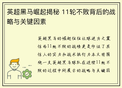 英超黑马崛起揭秘 11轮不败背后的战略与关键因素